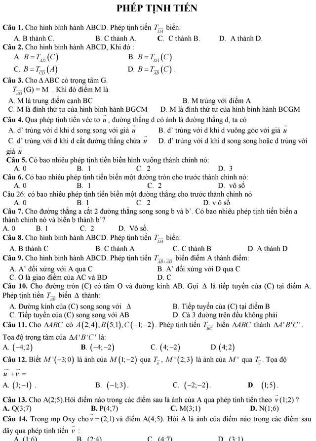 125 câu hỏi trắc nghiệm phép biến hình trong mặt phẳng