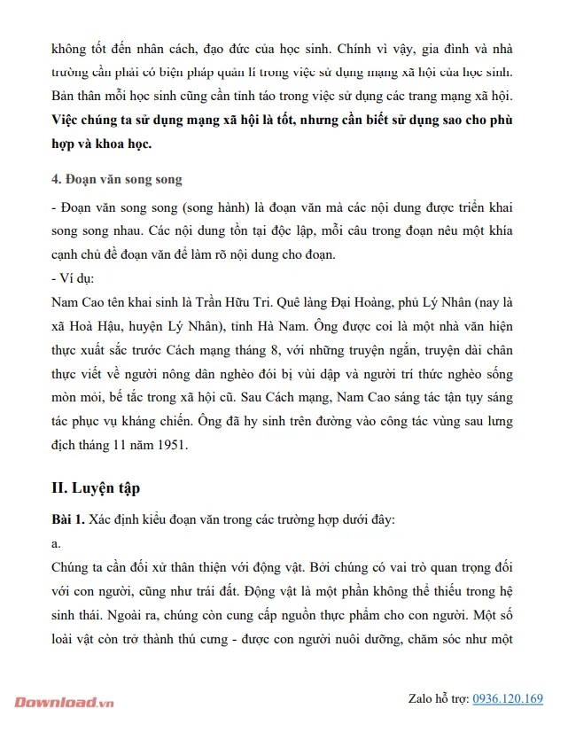 Bài tập Các kiểu đoạn văn: diễn dịch, quy nạp, song song, phối hợp