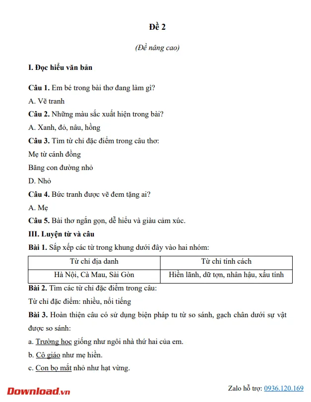 Bài tập cuối tuần lớp 3 môn Tiếng Việt Cánh diều – Tuần 20 (Nâng cao)