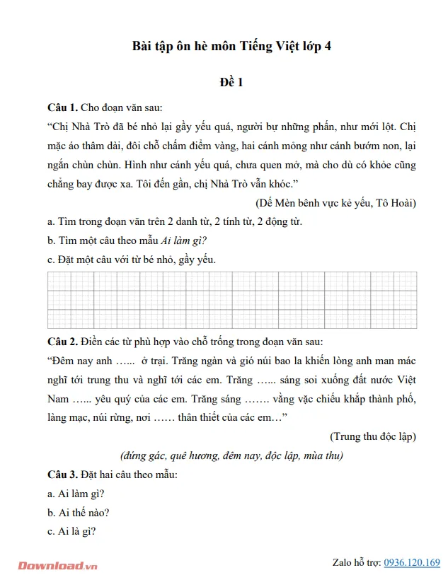 Bài tập ôn hè môn Tiếng Việt lớp 4 (33 đề)