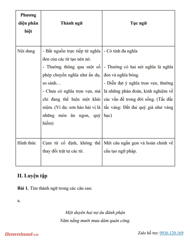 Bài tập Thành ngữ, tục ngữ