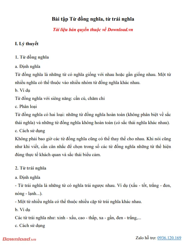 Bài tập Từ đồng nghĩa, từ trái nghĩa