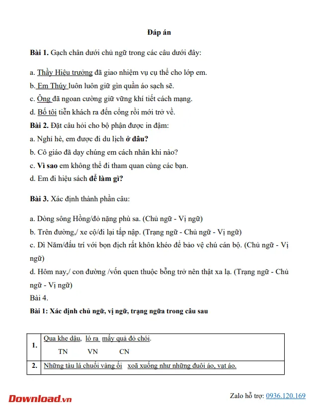 Bài tập xác định chủ ngữ, vị ngữ, trạng ngữ trong câu