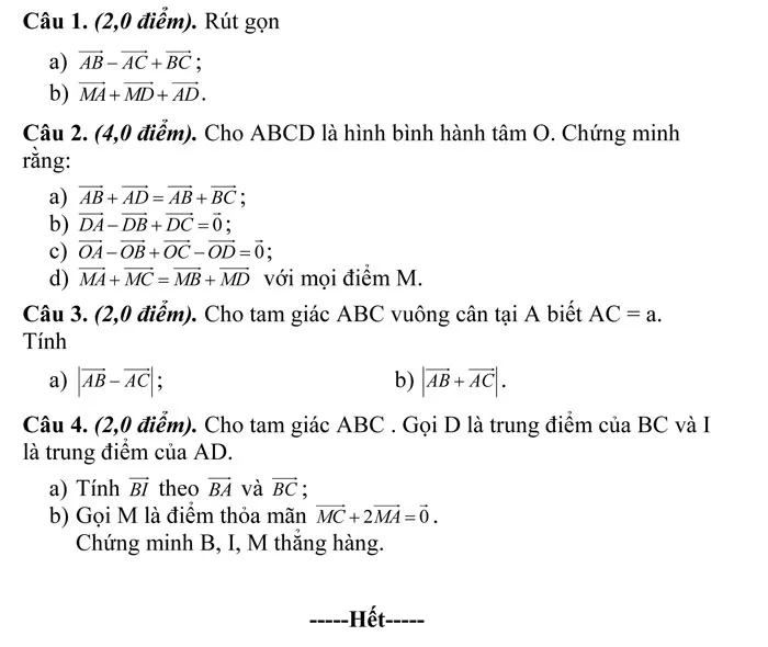 Bộ đề kiểm tra 1 tiết Chương I Hình học lớp 10