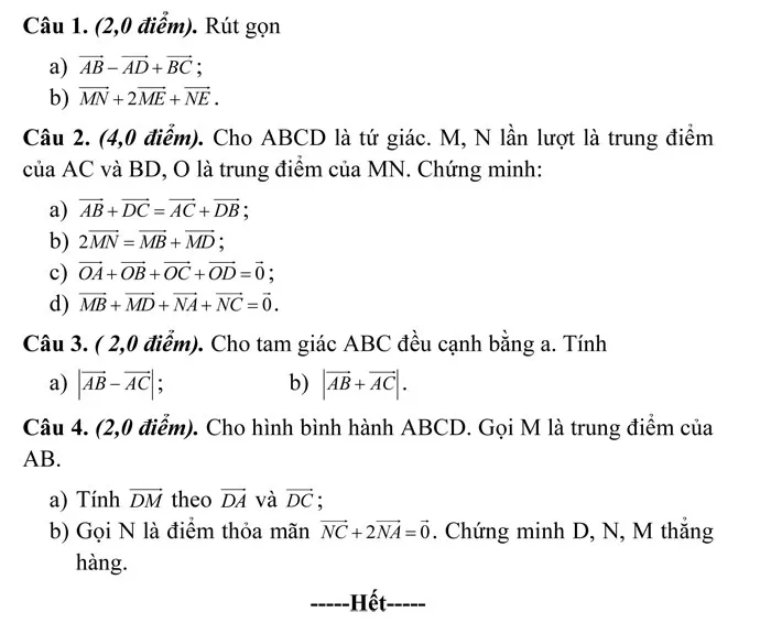 Bộ đề kiểm tra 1 tiết Chương I Hình học lớp 10