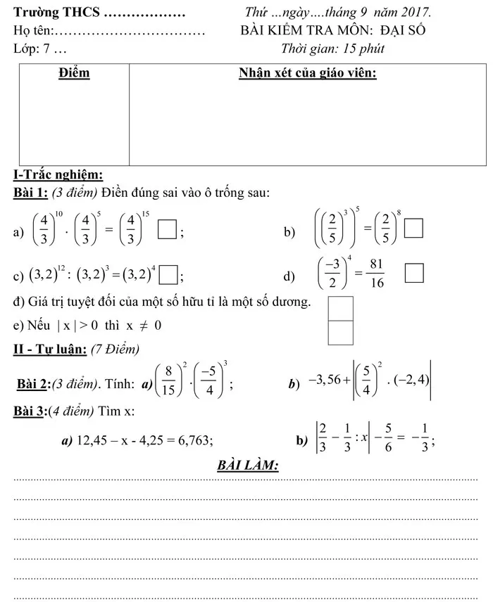Bộ đề kiểm tra 15 phút môn Đại số lớp 7