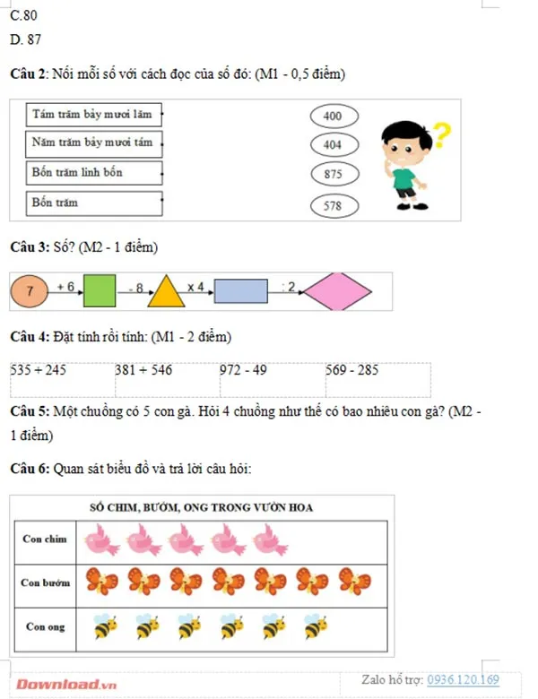 Bộ đề ôn tập môn Toán lớp 2 (Có đáp án)