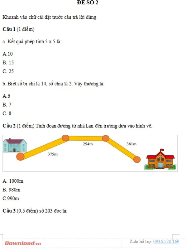 Bộ đề ôn tập môn Toán lớp 2 (Có đáp án)