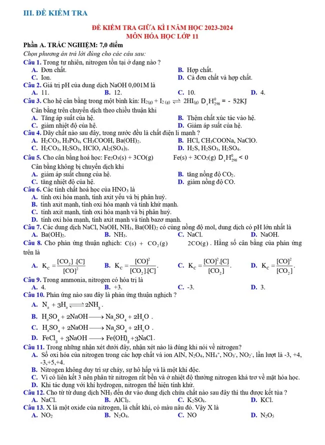 Bộ đề thi giữa học kì 1 môn Hóa học lớp 11 năm 2023 – 2024 (Sách mới)