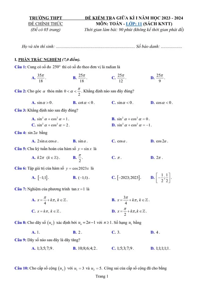 Bộ đề thi giữa học kì 1 môn Toán 11 năm 2023 – 2024 sách Kết nối tri thức với cuộc sống