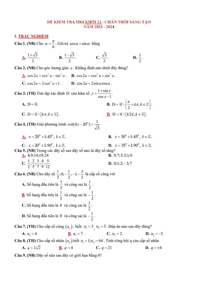 Bộ đề thi học kì 1 môn Toán 11 năm 2023 – 2024 (Sách mới)