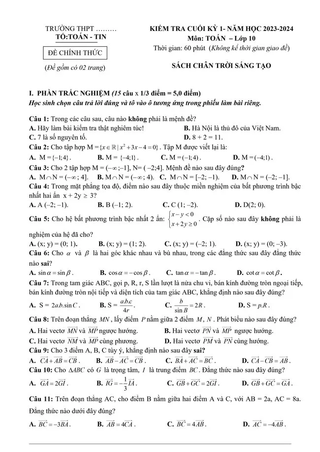 Bộ đề thi học kì 1 môn Toán lớp 10 năm 2023 – 2024 (Sách mới)