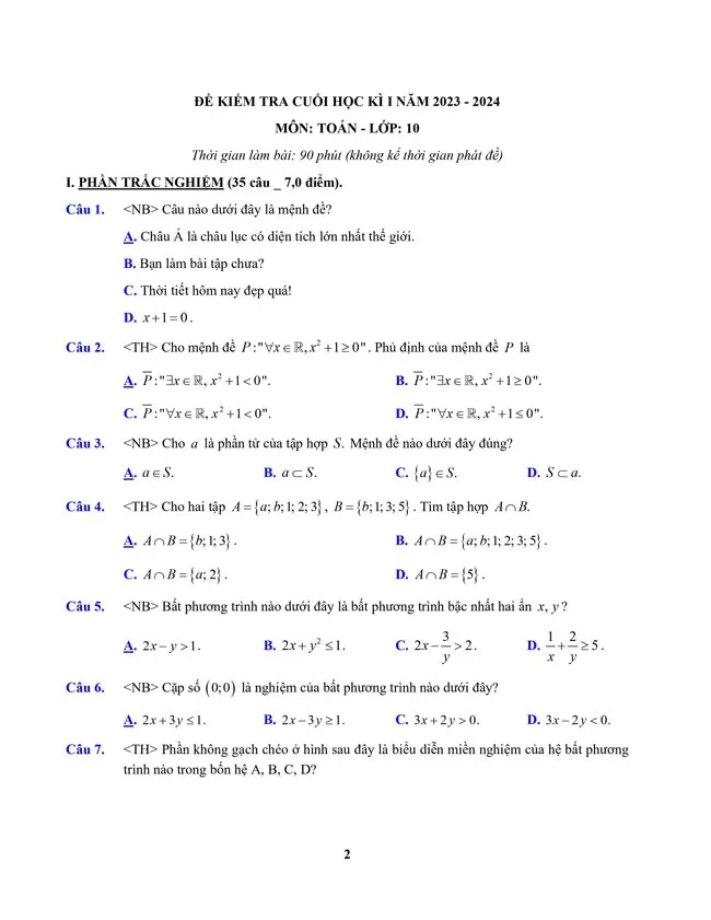 Bộ đề thi học kì 1 môn Toán lớp 10 năm 2023 – 2024 (Sách mới)