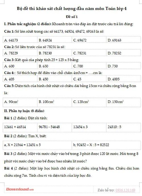 Bộ đề thi khảo sát chất lượng đầu năm môn Toán lớp 4 năm 2023 – 2024