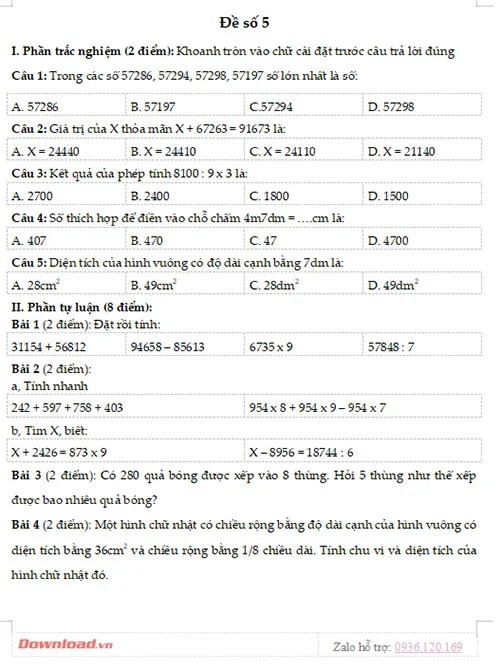 Bộ đề thi khảo sát chất lượng đầu năm môn Toán lớp 4 năm 2023 – 2024