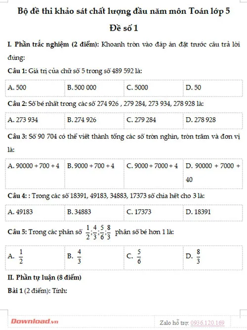 Bộ đề thi khảo sát chất lượng đầu năm môn Toán lớp 5 năm 2023 – 2024