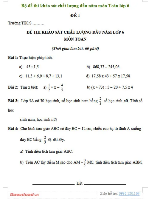 Bộ đề thi khảo sát chất lượng đầu năm môn Toán lớp 6 năm 2023 – 2024