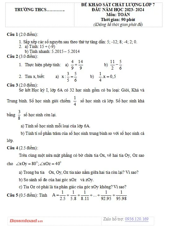 Bộ đề thi khảo sát chất lượng đầu năm môn Toán lớp 7 năm 2023 – 2024
