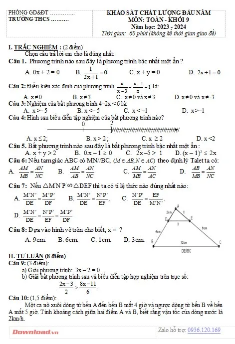 Bộ đề thi khảo sát chất lượng đầu năm môn Toán lớp 9 năm 2023 – 2024