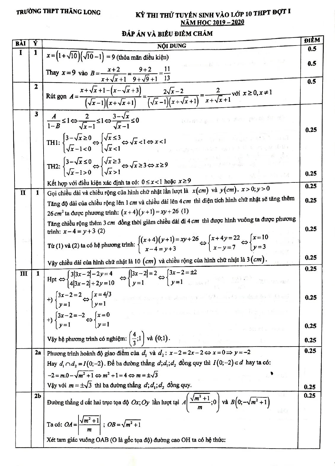 Bộ đề thi thử vào lớp 10 năm học 2019 – 2020 trường THPT Thăng Long, Hà Nội