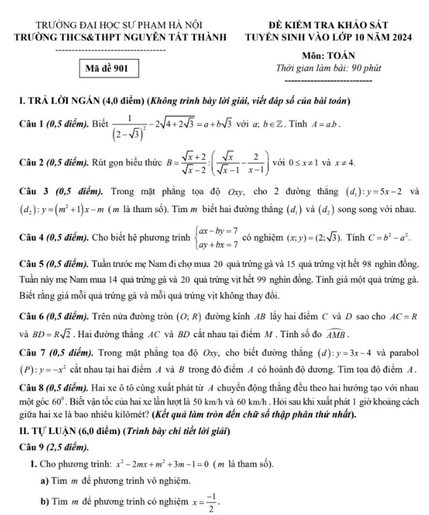 Đề khảo sát vào lớp 10 môn Toán Nguyễn Tất Thành