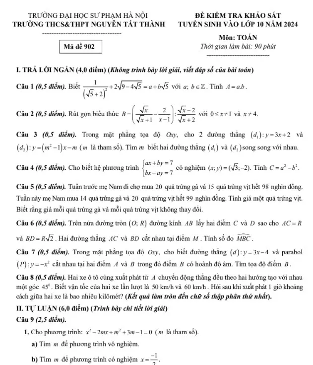 Đề khảo sát vào lớp 10 môn Toán Nguyễn Tất Thành