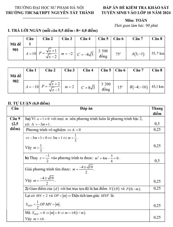Đề khảo sát vào lớp 10 môn Toán Nguyễn Tất Thành