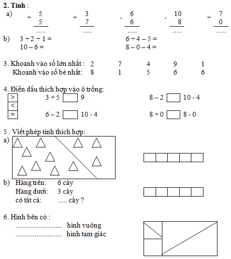 Đề kiểm tra chất lượng kì I môn Toán lớp 1 năm học 2012 – 2013