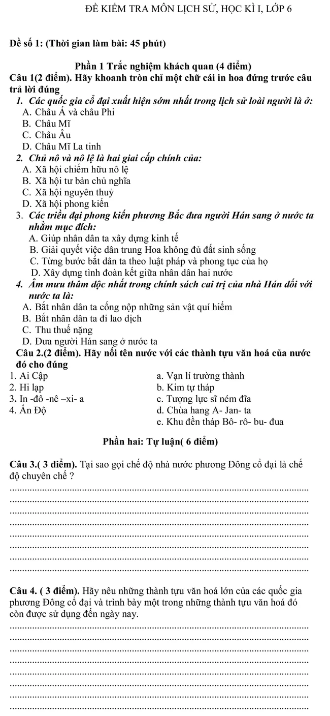 Đề kiểm tra học kì I lớp 6 môn Lịch sử – Đề số 1