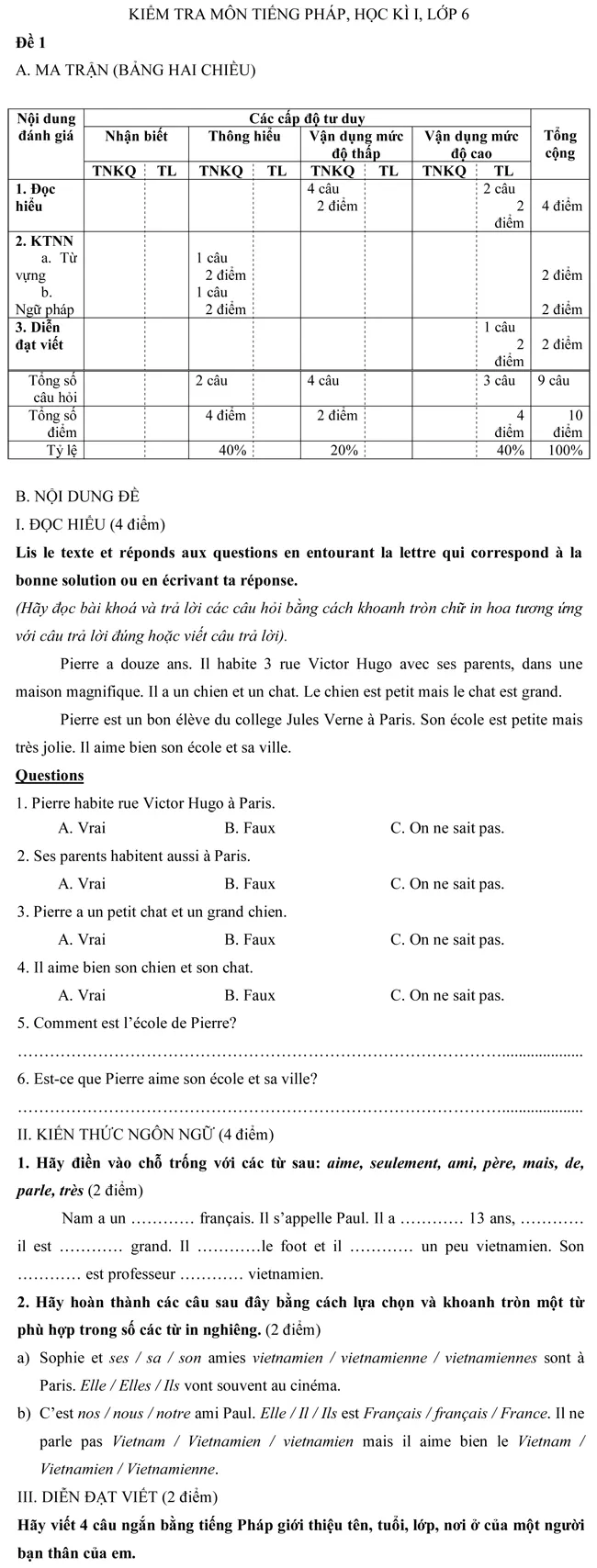 Đề kiểm tra học kì I lớp 6 môn tiếng Pháp – Đề số 1