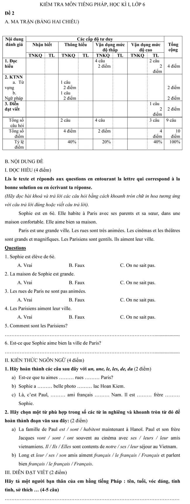 Đề kiểm tra học kì I lớp 6 môn tiếng Pháp – Đề số 2