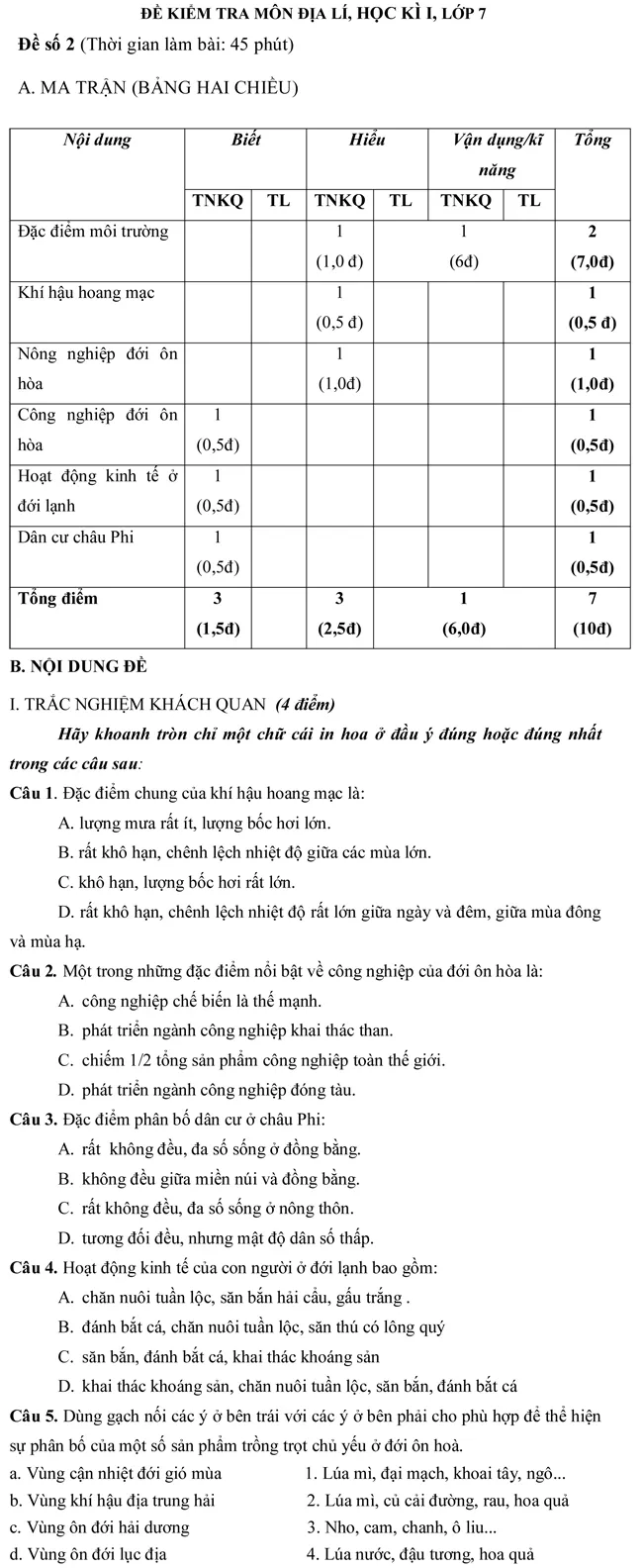 Đề kiểm tra học kì I lớp 7 môn Địa Lí – Đề số 2