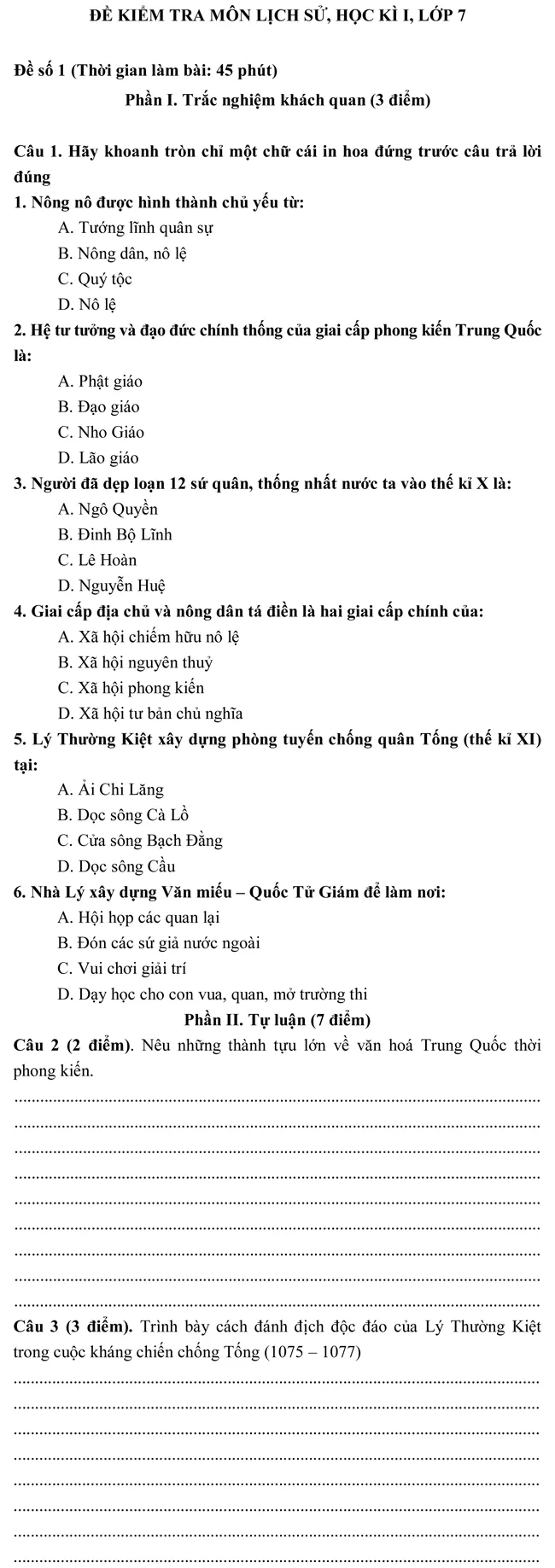 Đề kiểm tra học kì I lớp 7 môn Lịch sử – Đề số 1