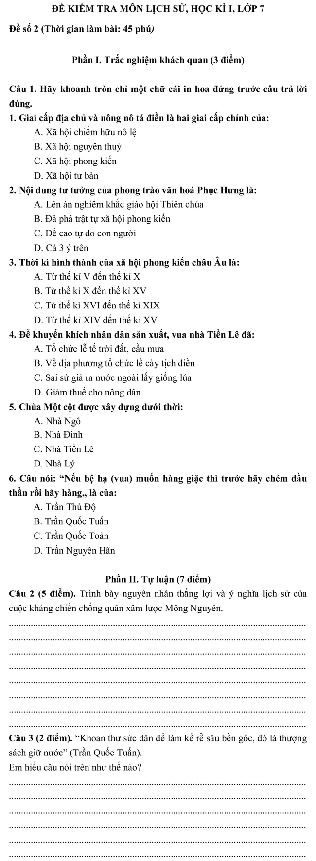 Đề kiểm tra học kì I lớp 7 môn Lịch sử – Đề số 2