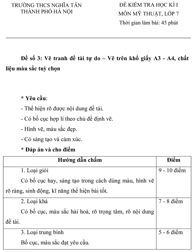 Đề kiểm tra học kì I lớp 7 môn Mỹ thuật – Trường THCS Nghĩa Tân, Hà Nội (Đề 3)