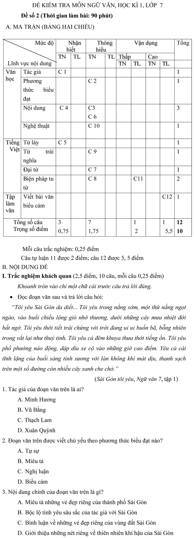 Đề kiểm tra học kì I lớp 7 môn Ngữ văn – Đề số 2