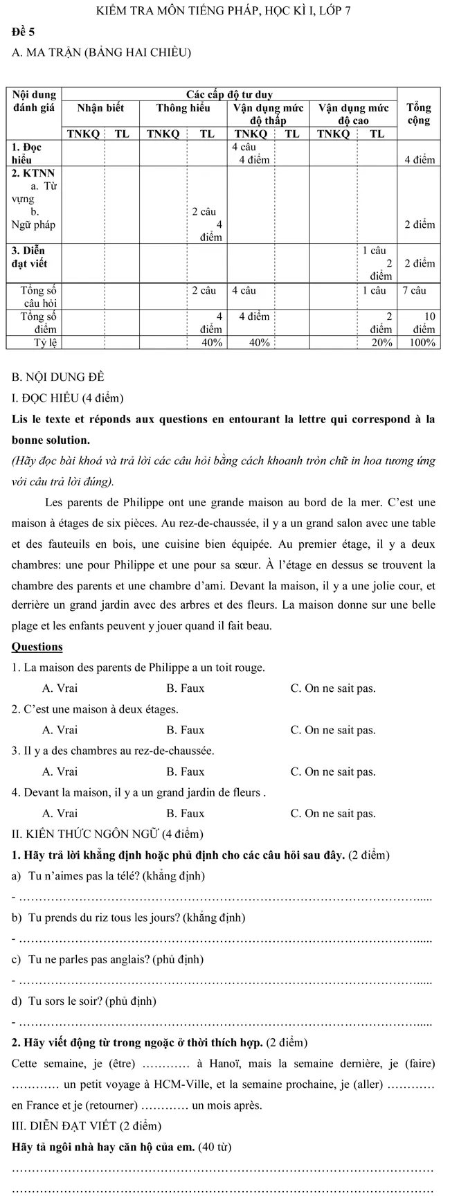 Đề kiểm tra học kì I lớp 7 môn tiếng Pháp – Đề số 5