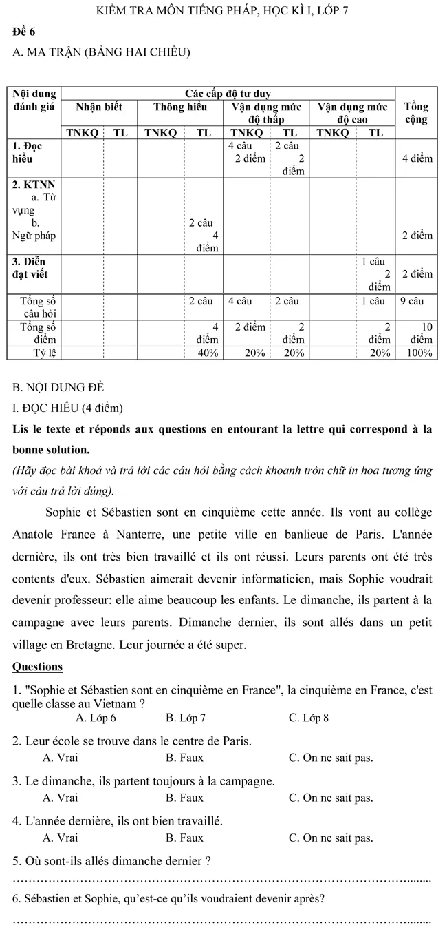 Đề kiểm tra học kì I lớp 7 môn tiếng Pháp – Đề số 6