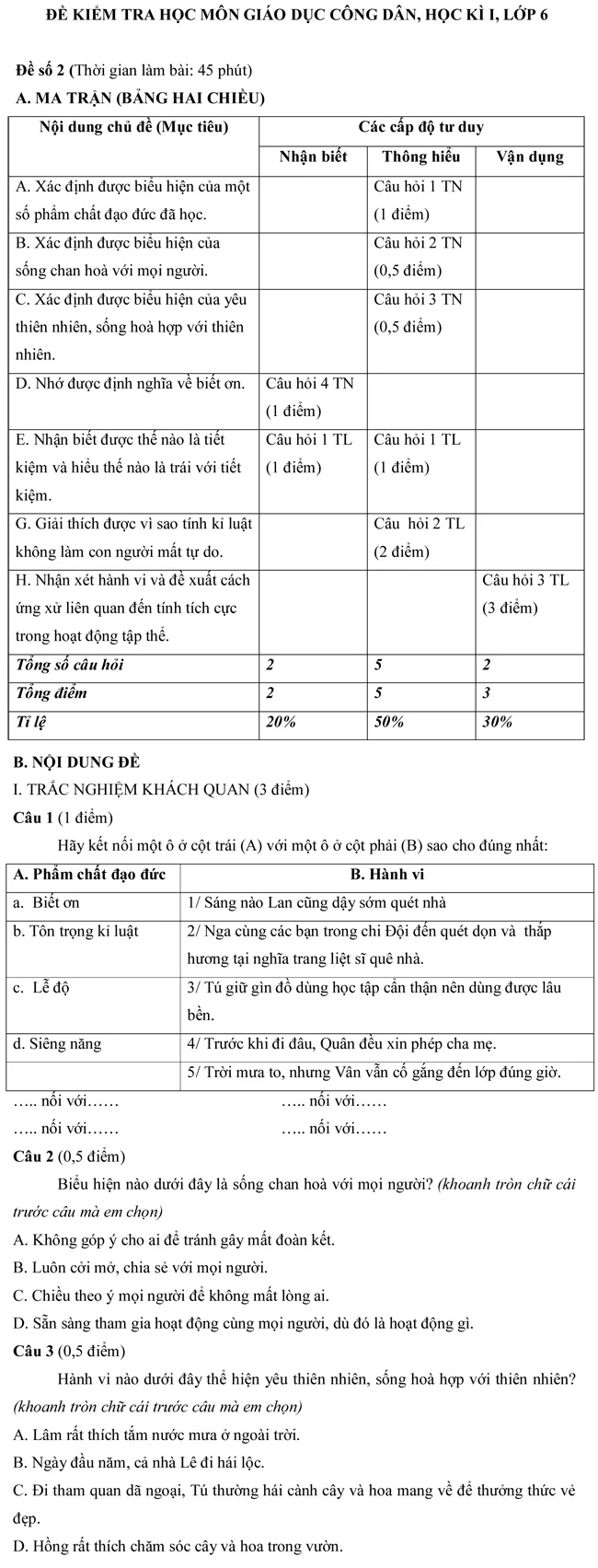 Đề kiểm tra học kì I môn Giáo dục công dân lớp 6 – Đề số 2