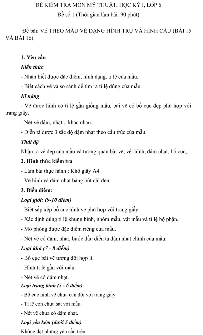 Đề kiểm tra học kì I môn Mỹ thuật lớp 6 – Đề số 1
