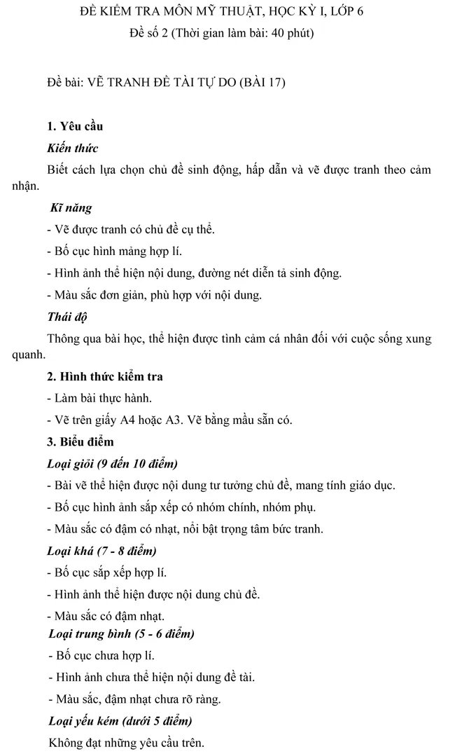 Đề kiểm tra học kì I môn Mỹ thuật lớp 6 – Đề số 2