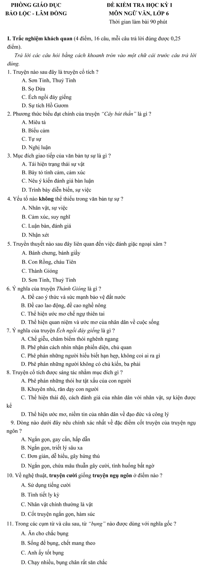 Đề kiểm tra học kì I môn Ngữ văn lớp 6 phòng Giáo dục Bảo Lộc – Lâm Đồng