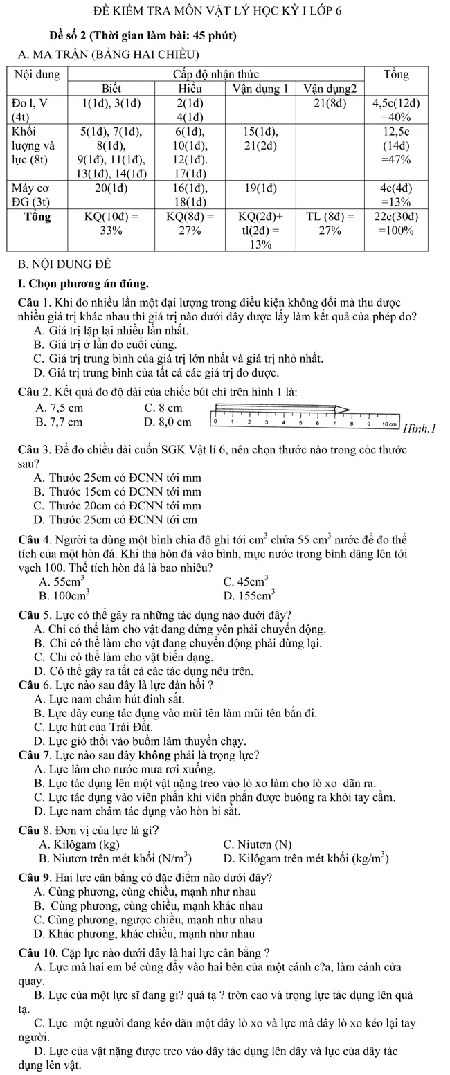 Đề kiểm tra học kì I môn Vật lý lớp 6 – Đề số 2