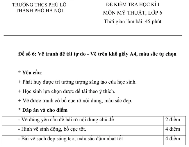 Đề kiểm tra học kì I trường THCS Phù Lỗ môn Mỹ thuật lớp 6 – Đề số 6