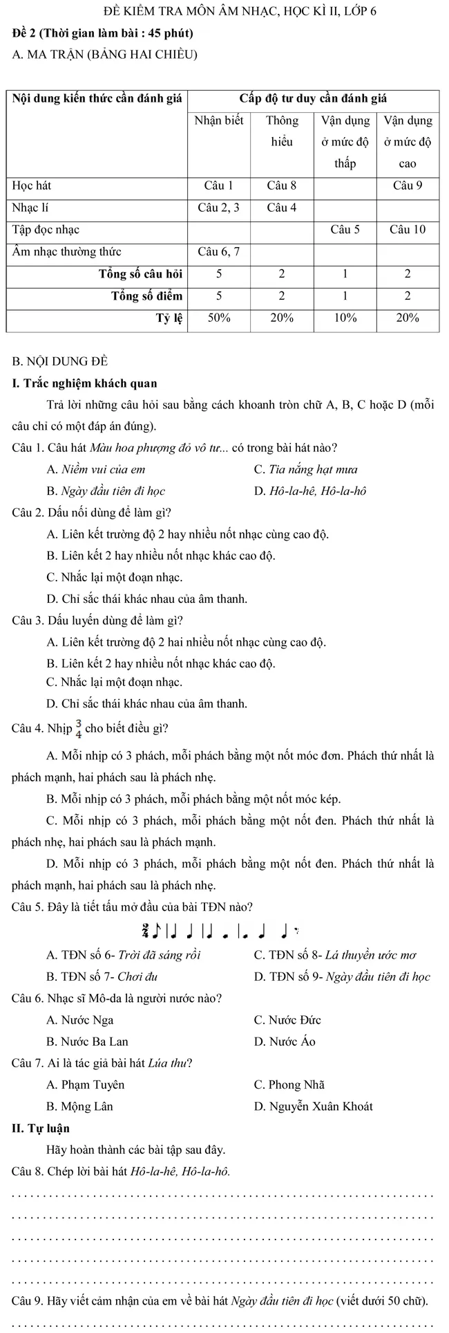 Đề kiểm tra học kì II lớp 6 môn Âm nhạc – Đề số 2