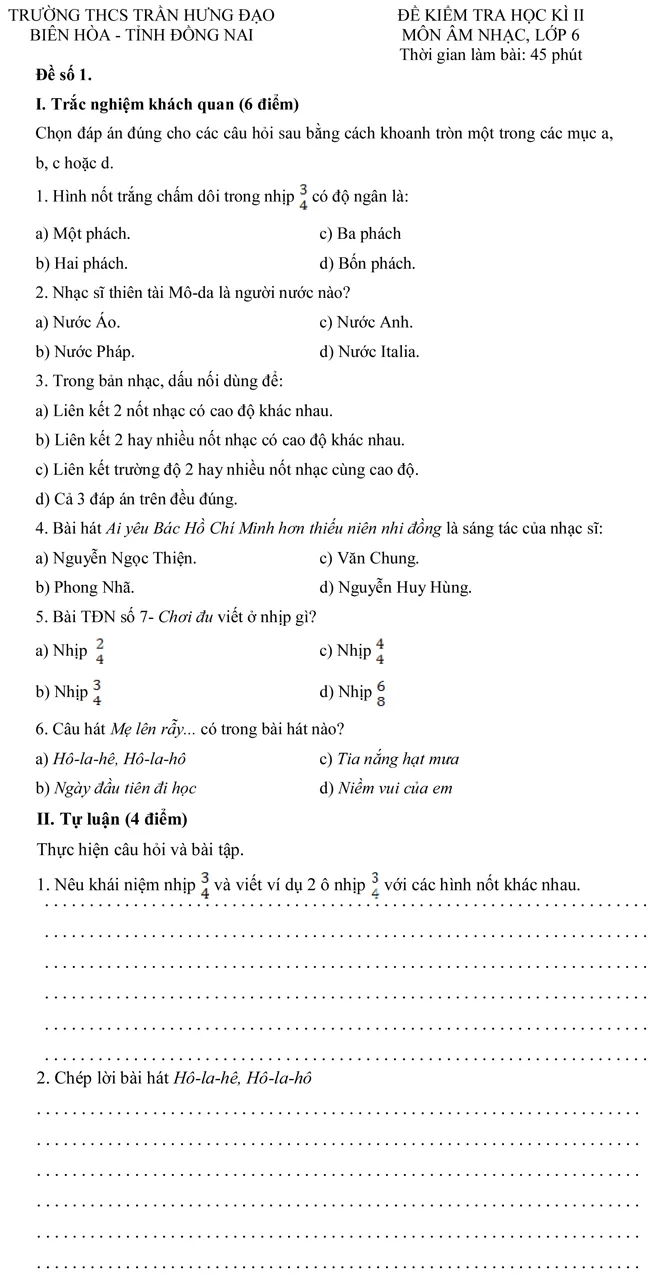 Đề kiểm tra học kì II lớp 6 môn Âm nhạc – Trường THCS Trần Hưng Đạo, Đồng Nai (Đề 1)