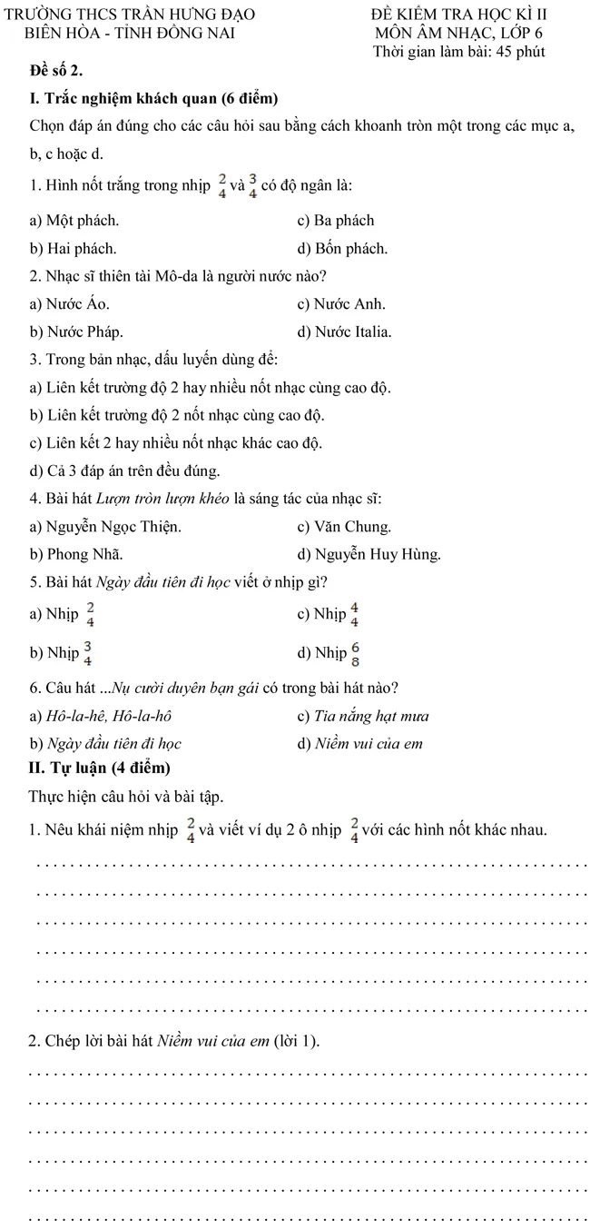 Đề kiểm tra học kì II lớp 6 môn Âm nhạc – Trường THCS Trần Hưng Đạo, Đồng Nai (Đề 2)