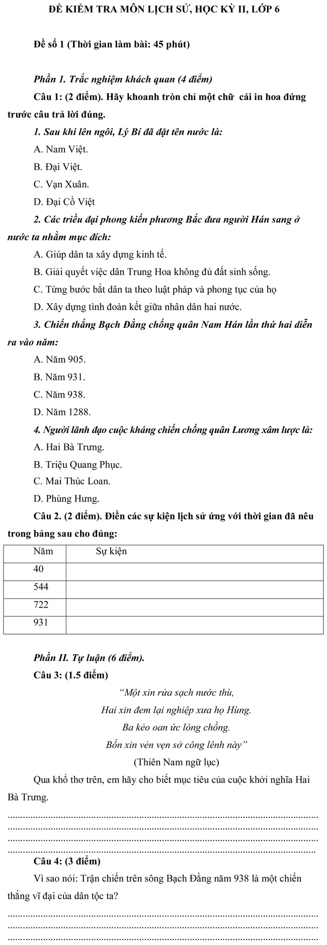 Đề kiểm tra học kì II lớp 6 môn Lịch sử – Đề số 1