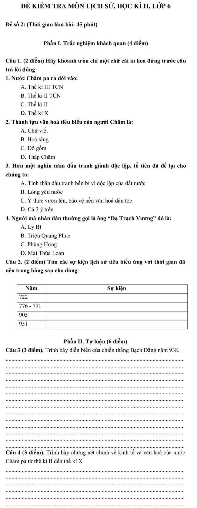 Đề kiểm tra học kì II lớp 6 môn Lịch sử – Đề số 2