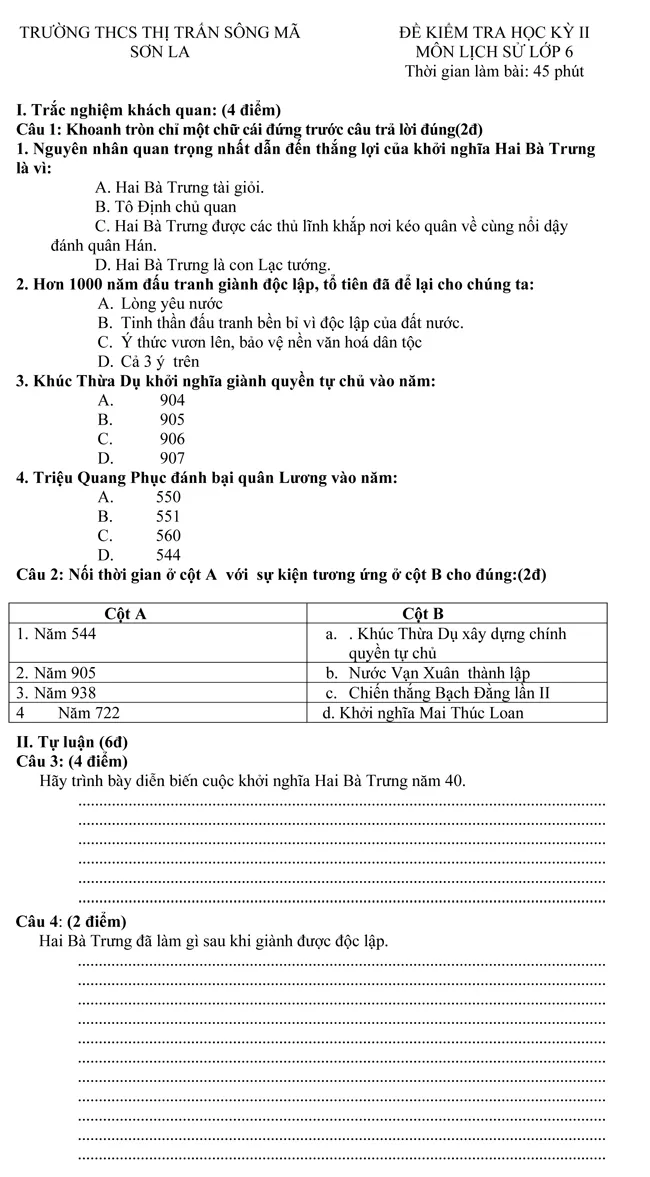 Đề kiểm tra học kì II lớp 6 môn Lịch sử trường THCS Thị Trấn Sông Mã – Sơn La (đề 2)